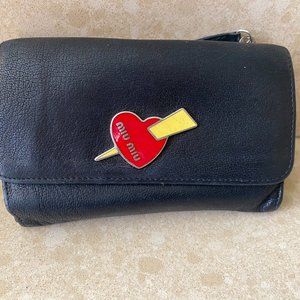 Miu Miu Heart Charm Navy Leather Trifold Wallet